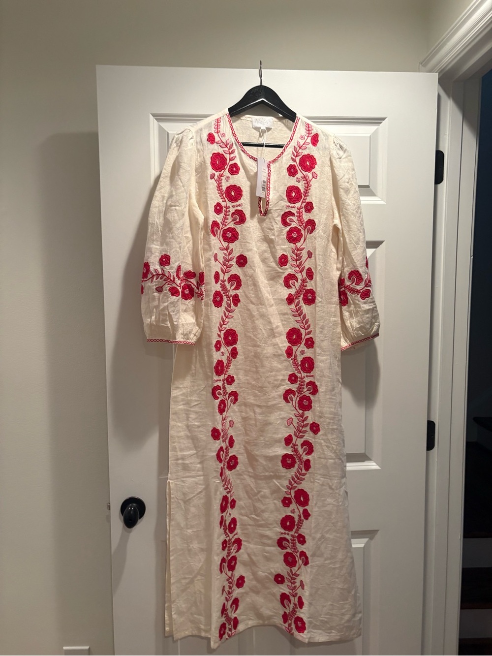 Asha Cream Maxi Dress with Red Floral Embroidery